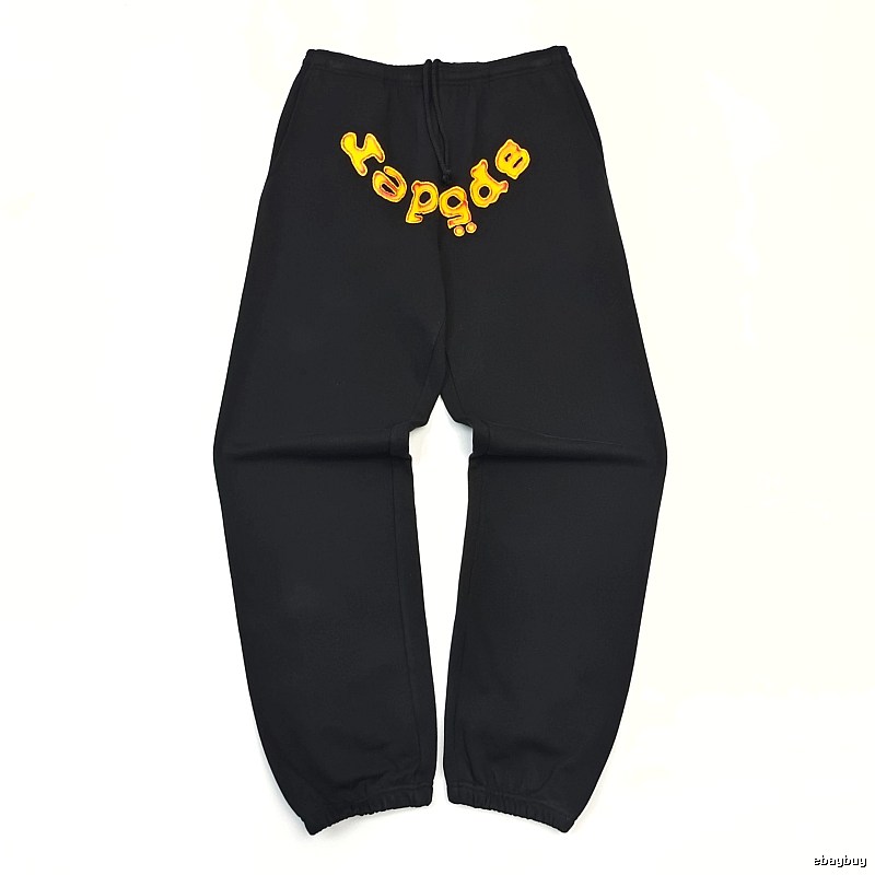 Bold Yellow Wordmark Graphics And Cuffed Hems Black Sp5der Logo Sweatpants