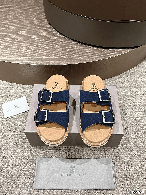 Brunello Cucinelli Buckled Casual-Style Navy Blue Slides
