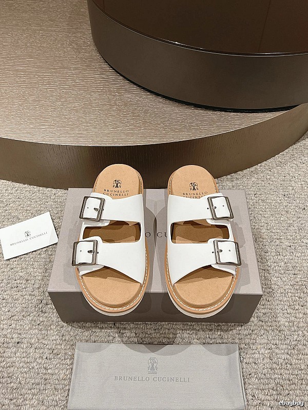 Brunello Cucinelli Double-Button Minimalist-Style White Slide Sandals