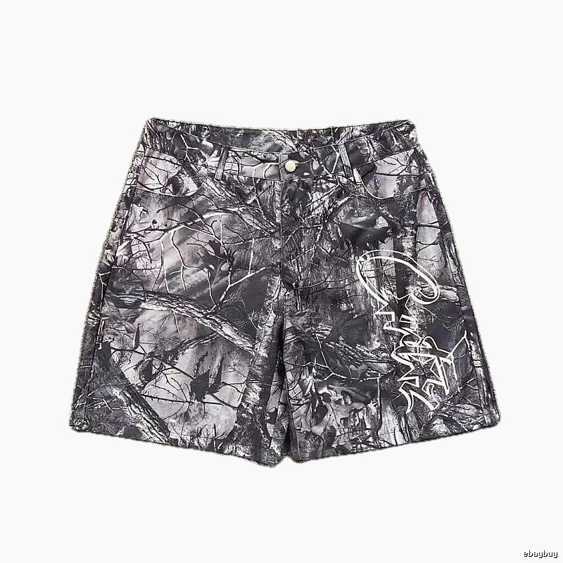 Corteiz Street Style Black and Grey Tree Grain Camouflage Shorts