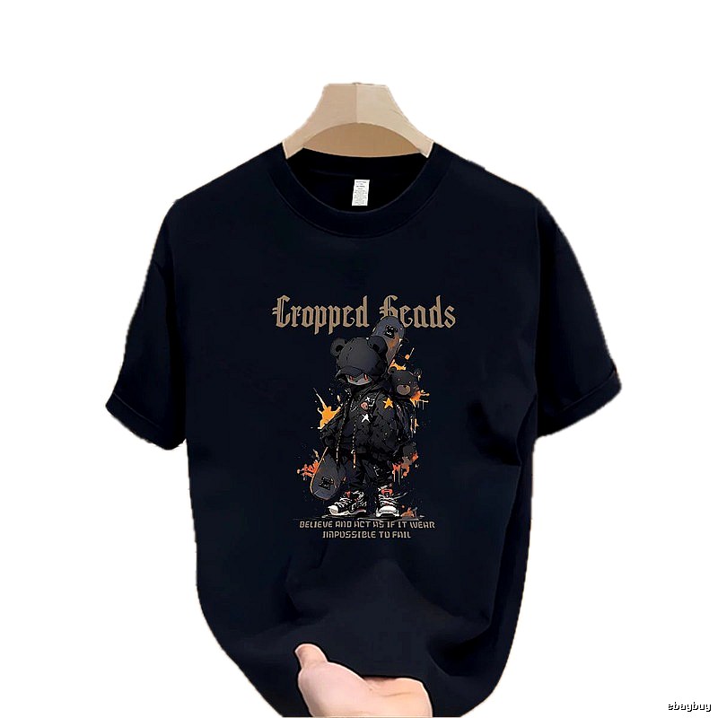 Cropped Skate Bear Street Style Navy Short Sleeve T-Shirt