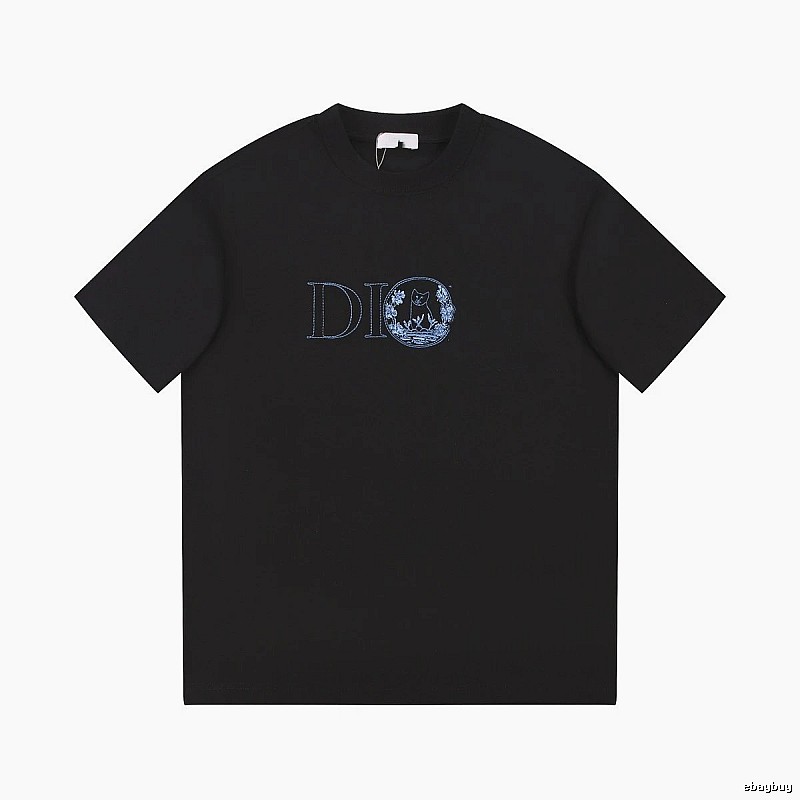 Dior Cat-Embroidered Casual Black T-Shirt