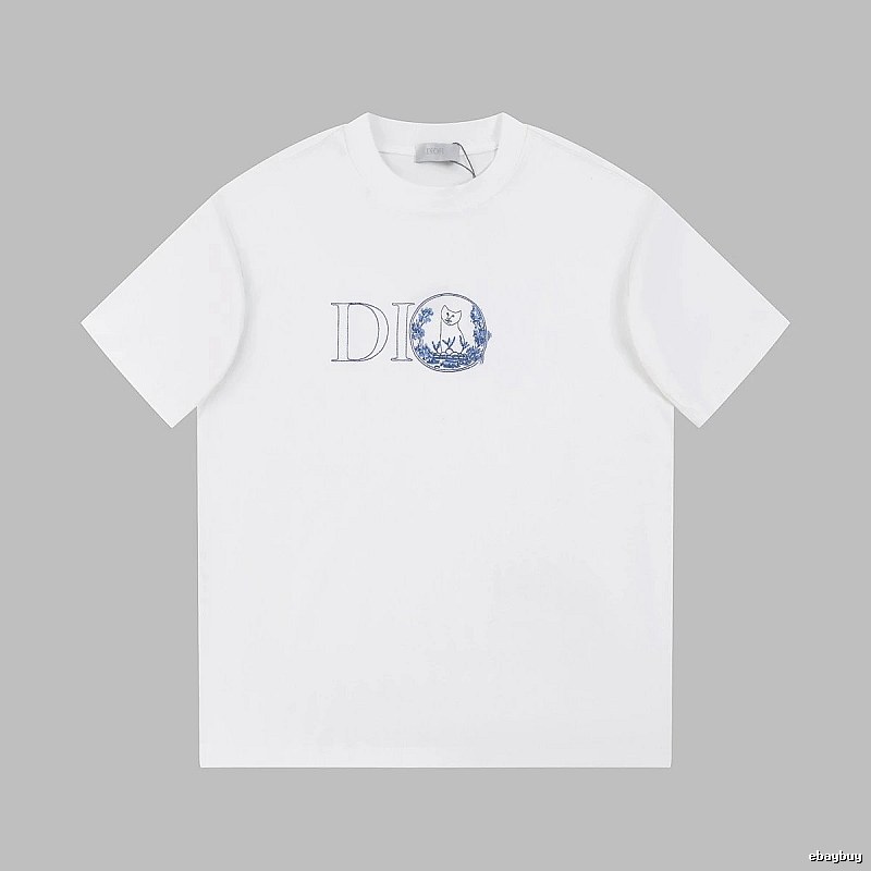 Dior Cat-Embroidered Light Luxury Style White Short-sleeve T-shirt