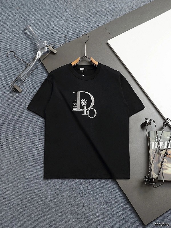 Dior Co-branded Embroidered Light Luxury Style Black Short-sleeve T-shirt
