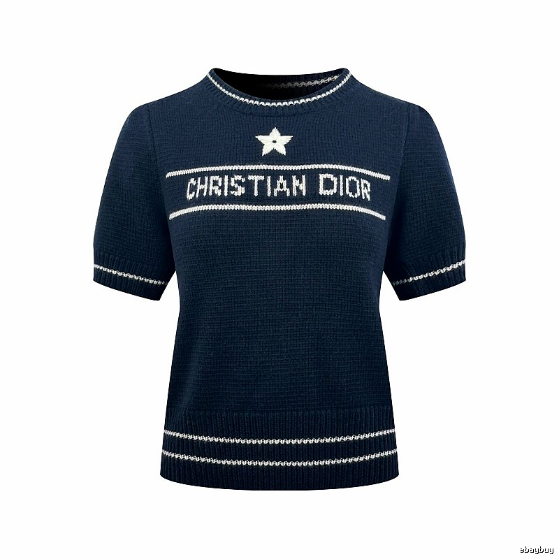 Dior Short Sleeve Knit Sweater with Cream Trim and Star Detail