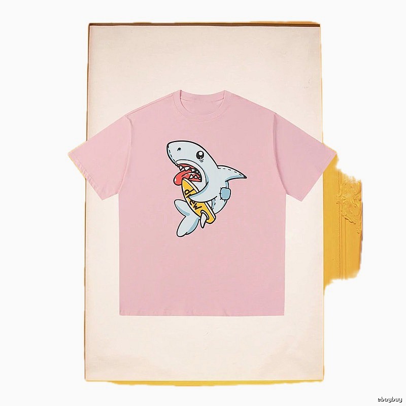DREW Cartoon Shark Street Style Pink Short-sleeve T-shirt