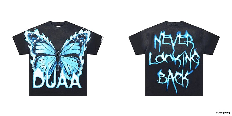 DUAA Butterfly Print Street Style Black and Blue Short-sleeved T-shirt