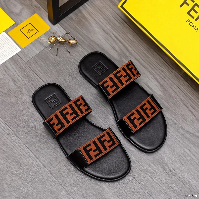 Fendi FF Monogram Streetwear Style Black and Brown Color-block Slide Sandals