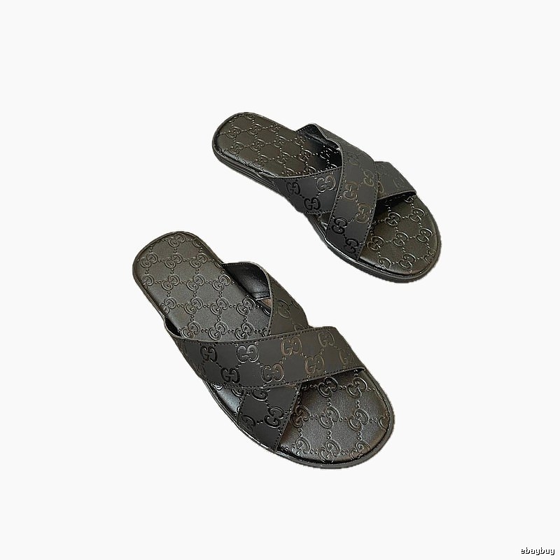 Gucci Double G Embossed Light Luxury Style Black Slide Sandals