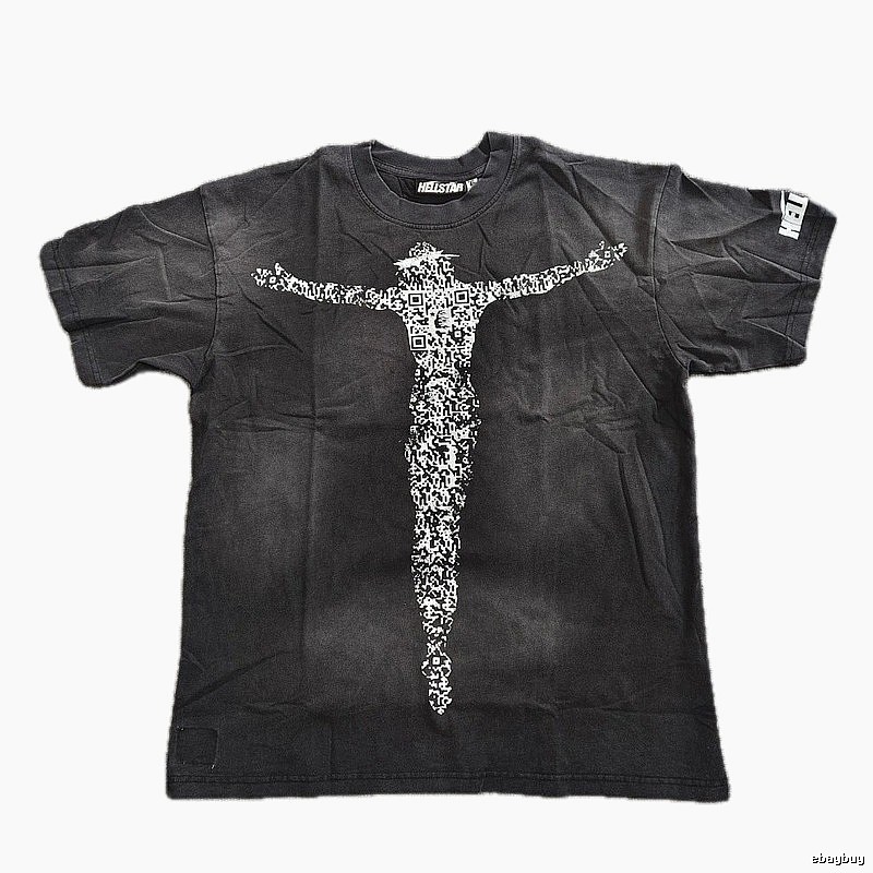 Hellstar QR Code Jesus Street Style Distressed Black T-Shirt