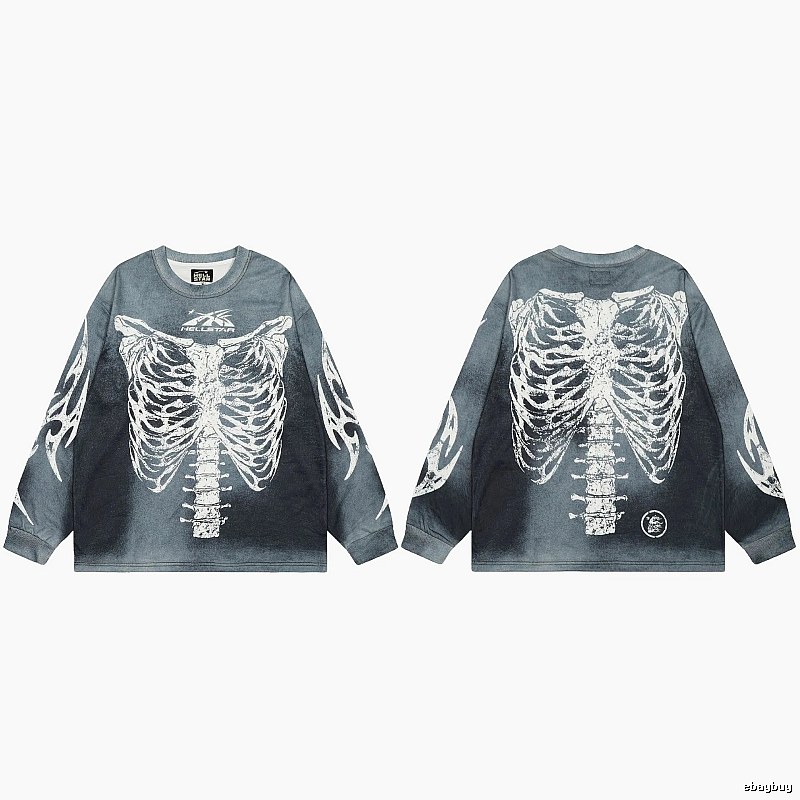 Hellstar Skull Print Street Style Vintage Grey Long Sleeve T-shirt