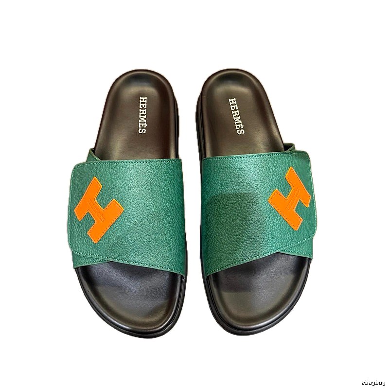Hermès H Collection Casual Style Green & Orange Color-block Slide Sandals