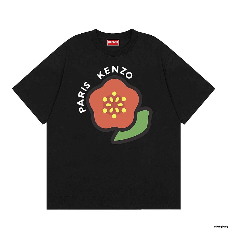 KENZO Begonia Flower Trendy Style Black T-shirt