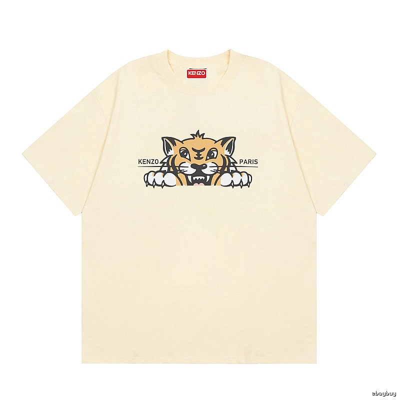 KENZO Tiger Head Print Streetwear Style Beige Short Sleeve T-Shirt
