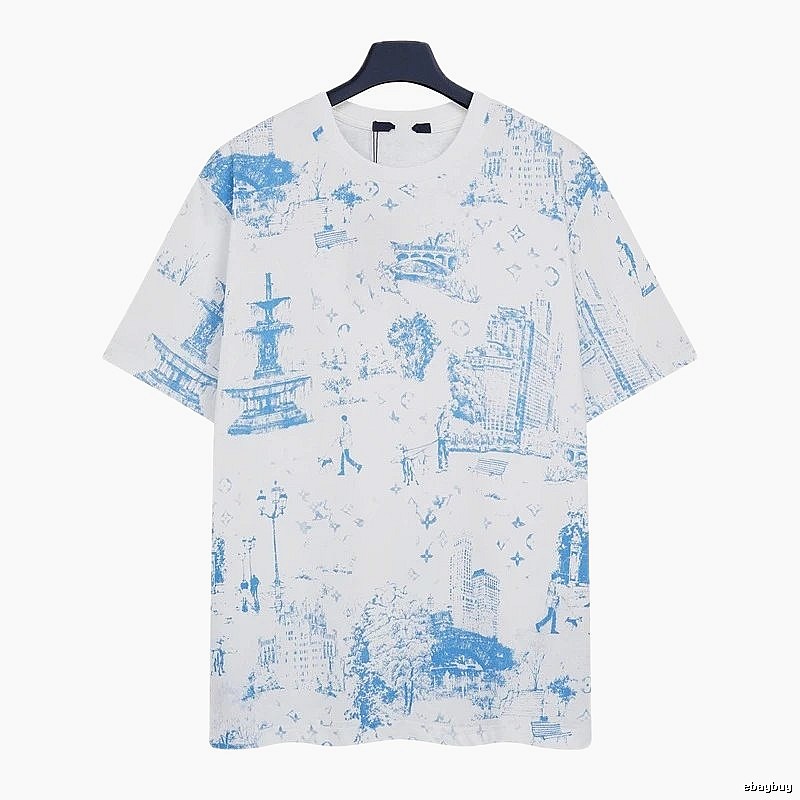 Louis Vuitton City Print Casual Style White and Blue T-Shirt