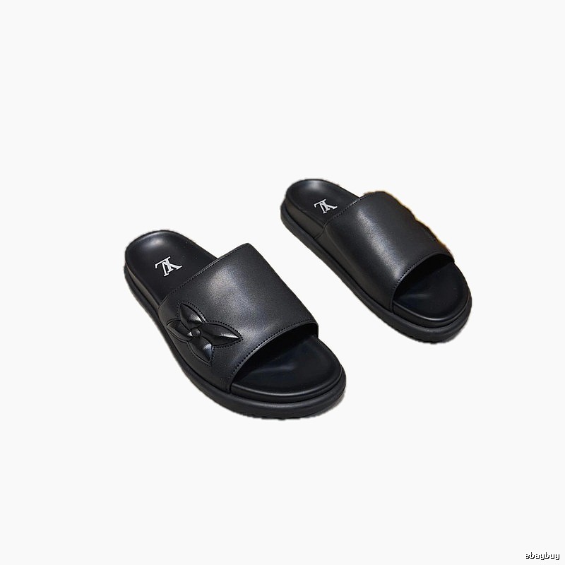 Louis Vuitton Classic Embossed Minimalist Style Black Slide Sandals