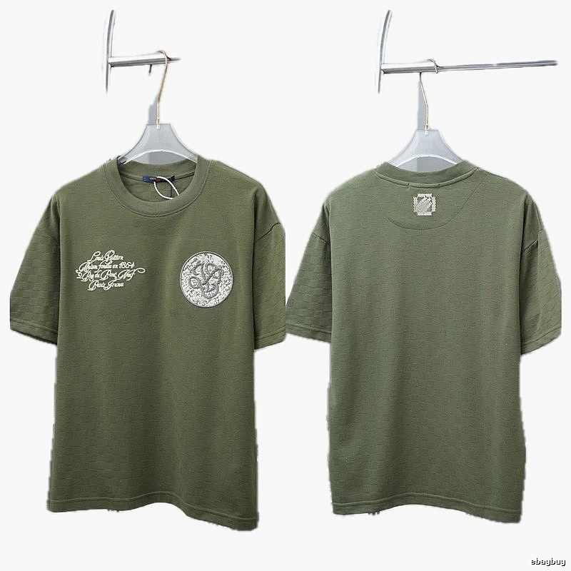 Louis Vuitton Embroidered Badge Casual Style Army Green T-Shirt