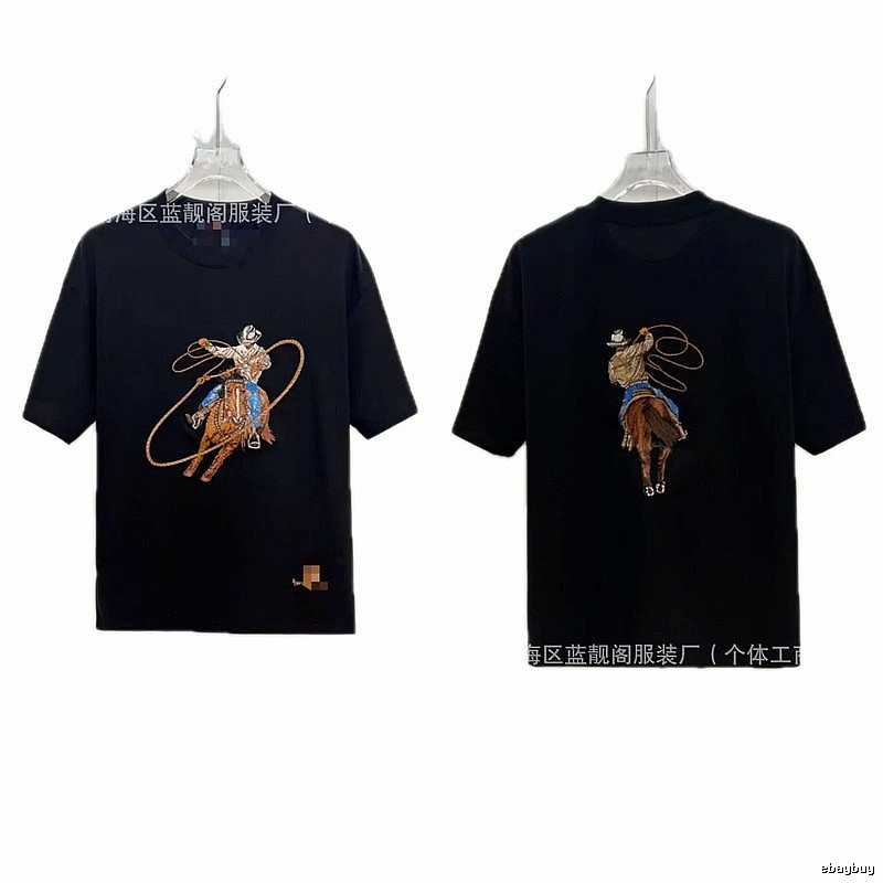 Louis Vuitton Vintage Style Black T-Shirt with Denim Embroidery