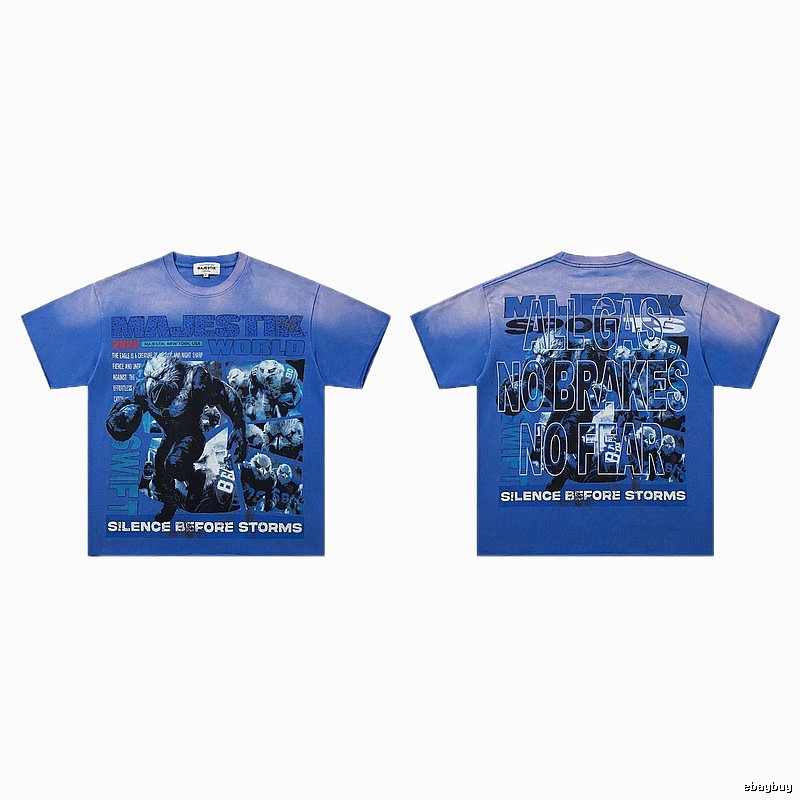 MAJESTIK American Street Style Gradient Blue Printed Short-sleeve T-shirt