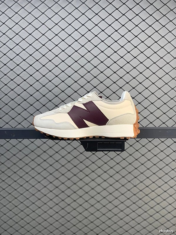 New Balance Cream and Burgundy Retro Runners Highlighting Textured Outsole