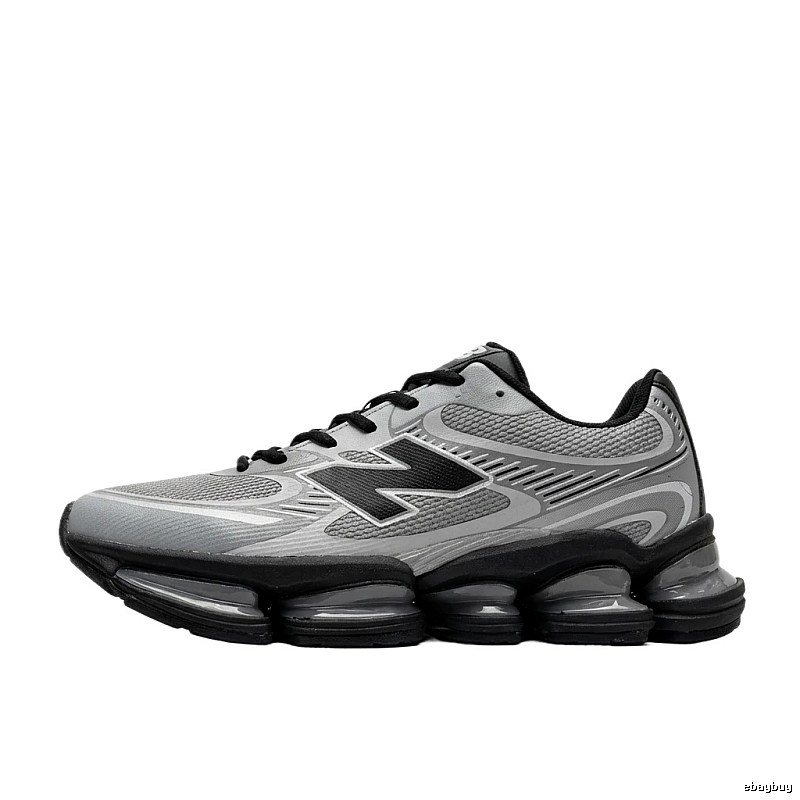 New Balance retro-style grey and black athletic shoes.