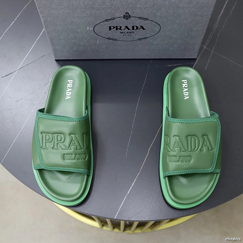 Prada Embossed Light Luxury Style Green Slide Sandals