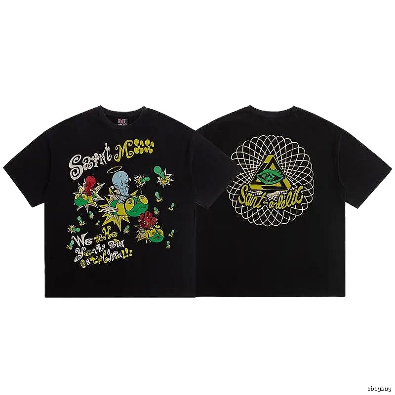 SAINT Cartoon Graffiti Street Style Black T-Shirt