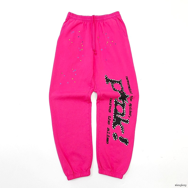 Sp5der Logo Sweatpants in Hot Pink - black vertical branding and cuffed ankles