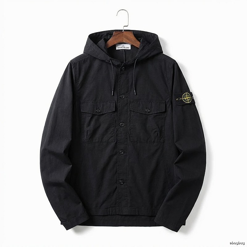Stone Island Workwear Style Black Hooded Coat