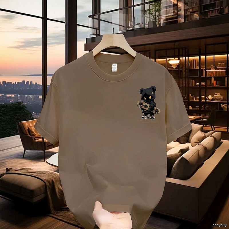 Streetwear Brand Street Style Khaki Short-sleeve T-shirt with Skateboarding Bear Graphic