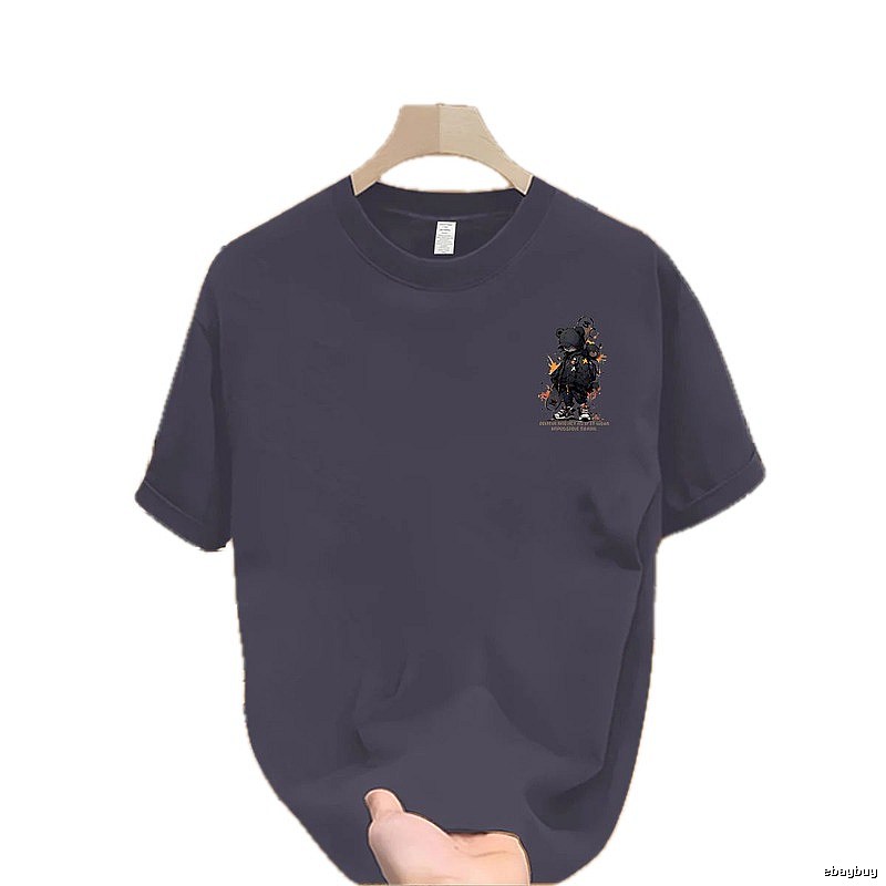 Trendy Streetwear Street-style Grey-blue Short-sleeve T-shirt with Bear Print