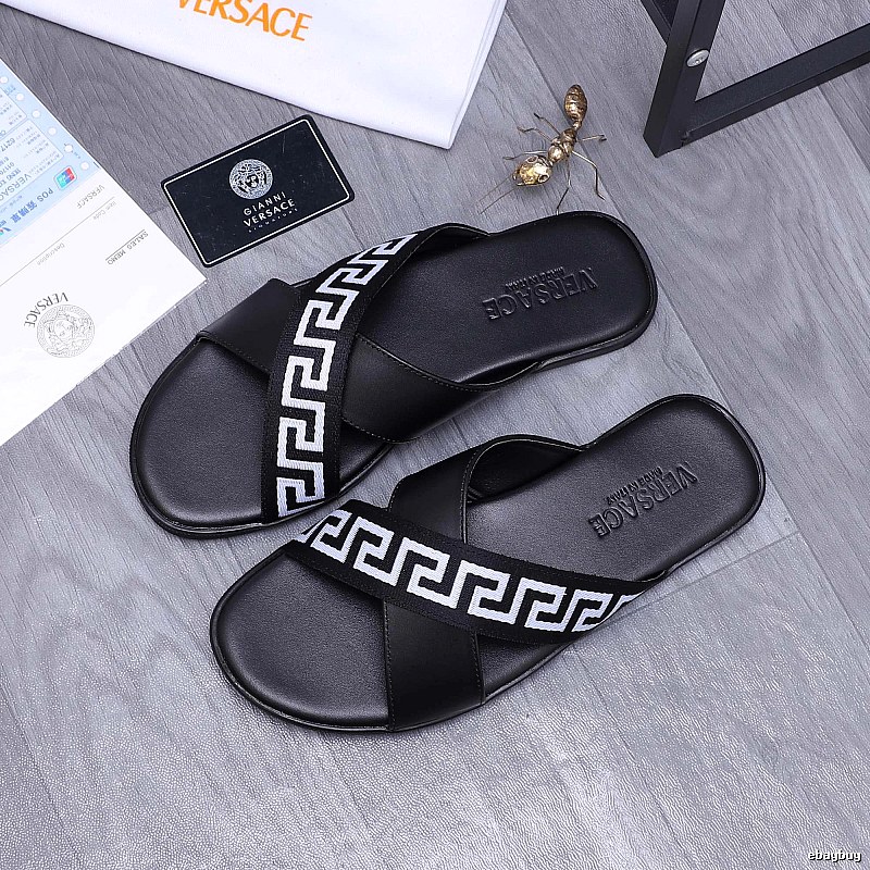 Versace Greek Key Casual Style Black Slide Sandals