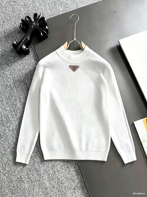 White Crewneck Knit Sweater with Prada Crewneck Sweater with Zip Detail