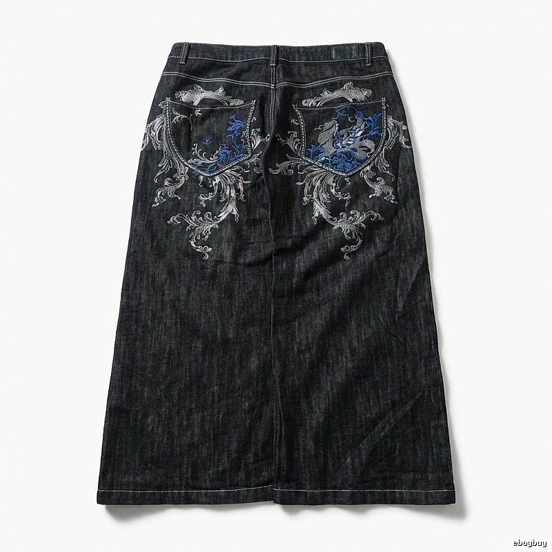 Y2K Style Deep Blue Embroidered Denim Skirt